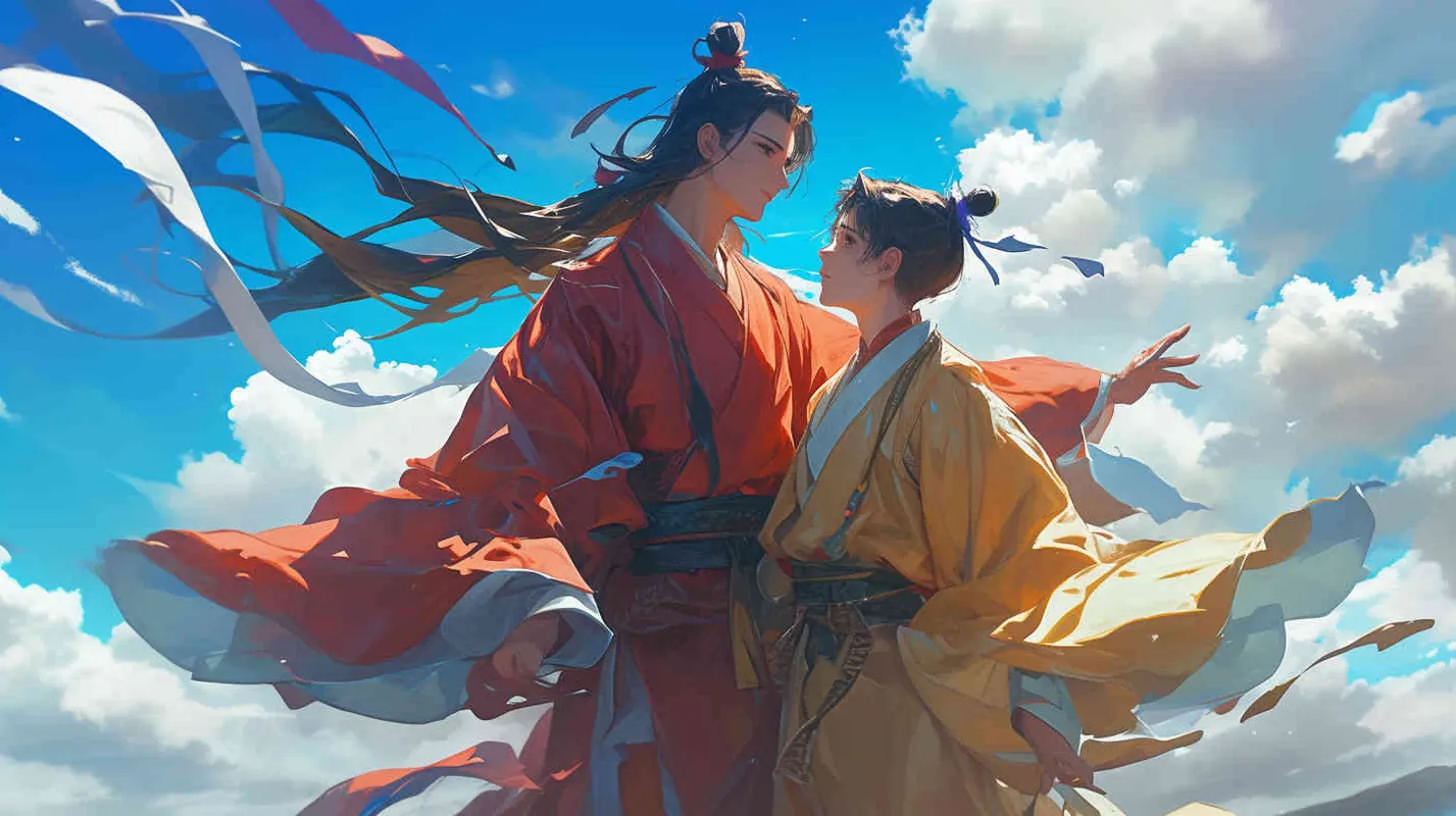 蓝天白云下，一位身穿红色长袍，面容俊美，头发被束发带束起的中国古代少年男子，身边站着一位身穿黄色长袍，面容俊美，头发被束发带束起的中国古代少年男子 ，他们两个肩并肩站在一起，看向远方 - style4部分