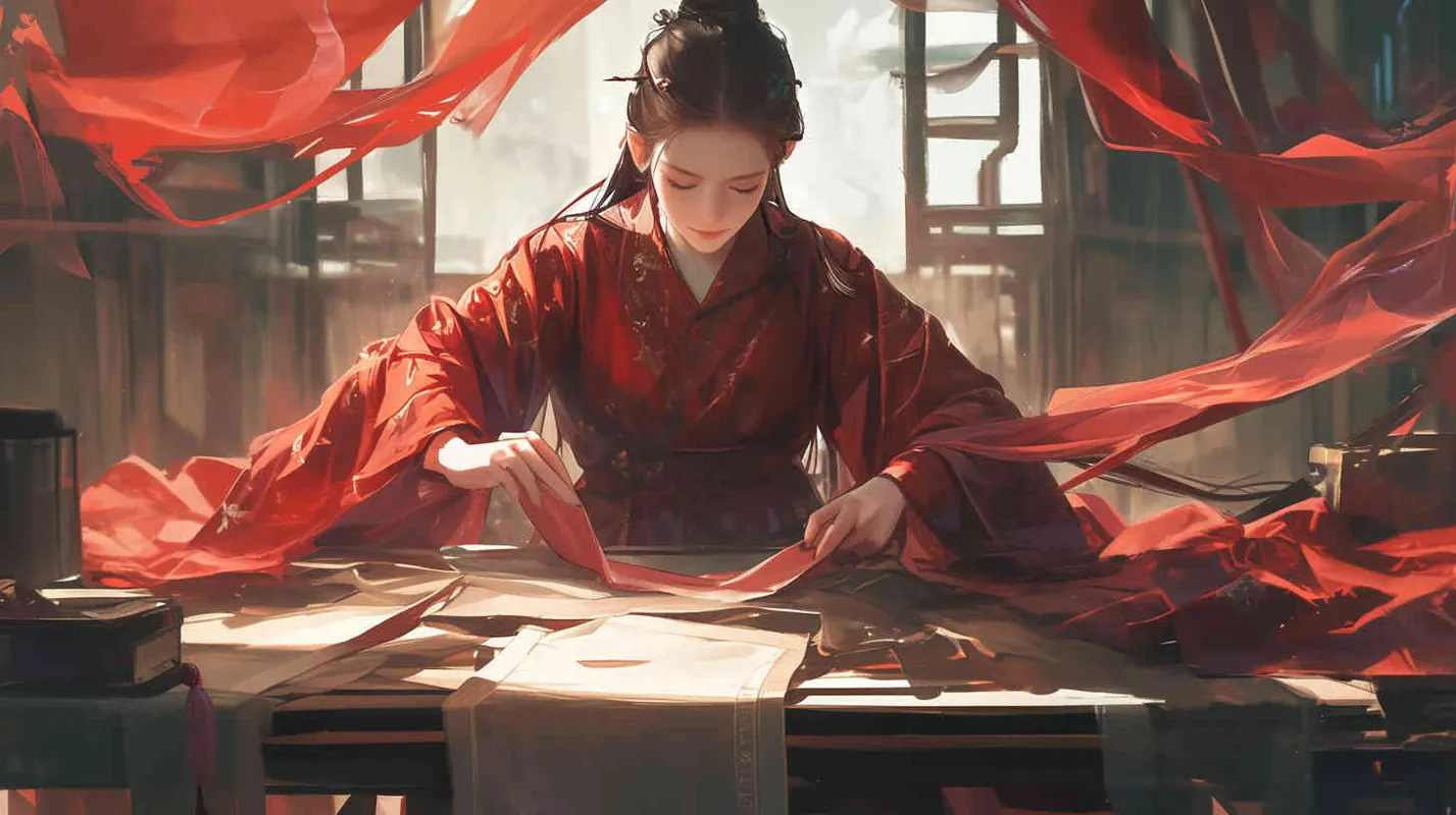 一位身穿红色长袍，面容俊美，头发被束发带束起的中国古代少年男子，正在桌子前上裁剪灰色长袍衣服 - style2部分
