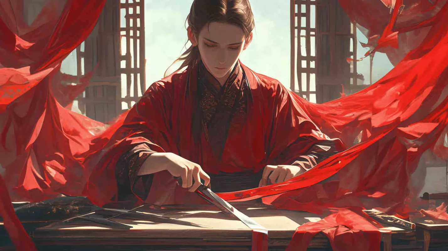 一位身穿红色长袍，面容俊美，头发被束发带束起的中国古代少年男子，正在桌子前上裁剪灰色长袍衣服 - style3部分