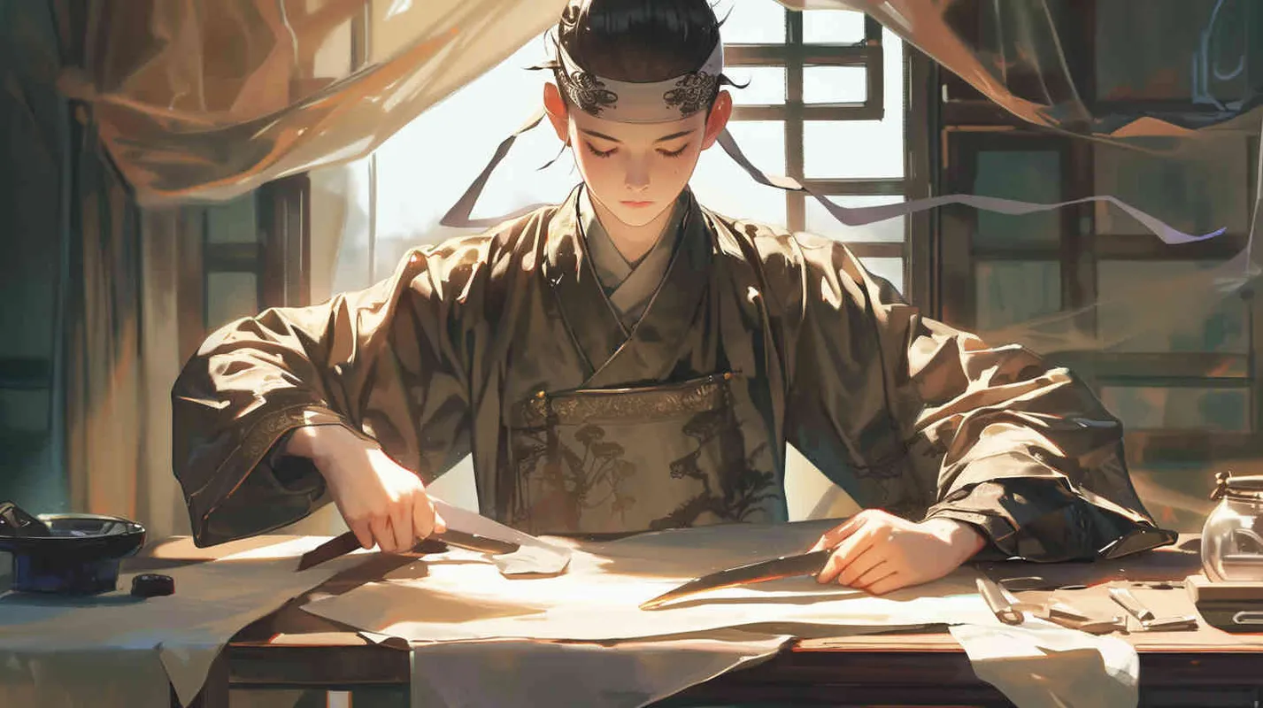 一位身穿灰色长袍，面容俊美，头发被束发带束起的中国古代少年男子，正在桌子前上裁剪灰色长袍衣服 - style2部分