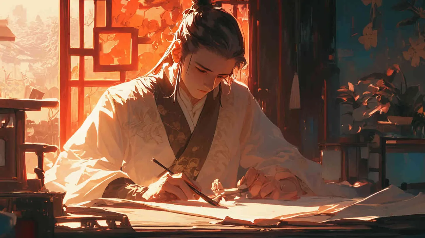 一位身穿灰色长袍，面容俊美，头发被束发带束起的中国古代少年男子，正在桌子前上裁剪灰色长袍衣服 - style3部分