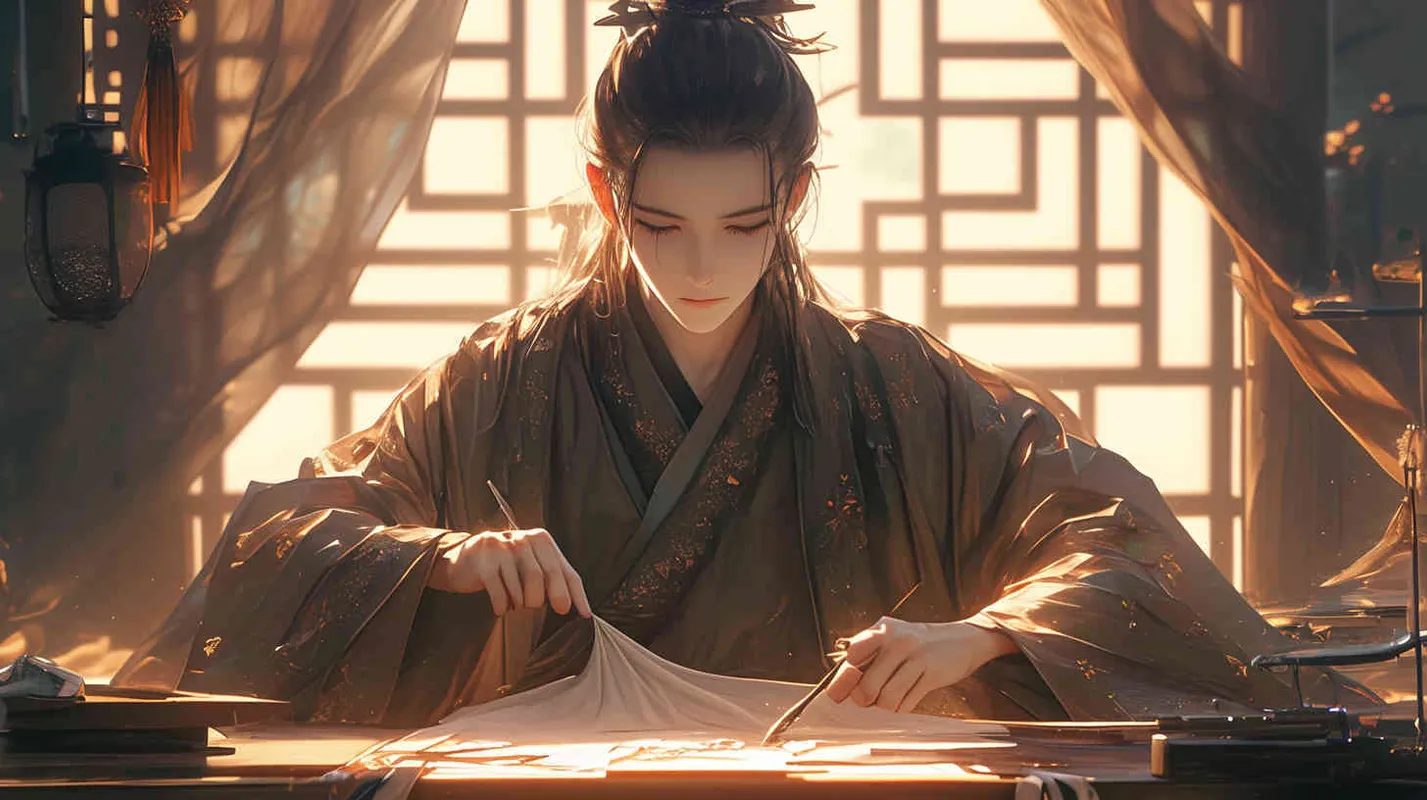 一位身穿灰色长袍，面容俊美，头发被束发带束起的中国古代少年男子，正在桌子前上裁剪灰色长袍衣服 - style4部分
