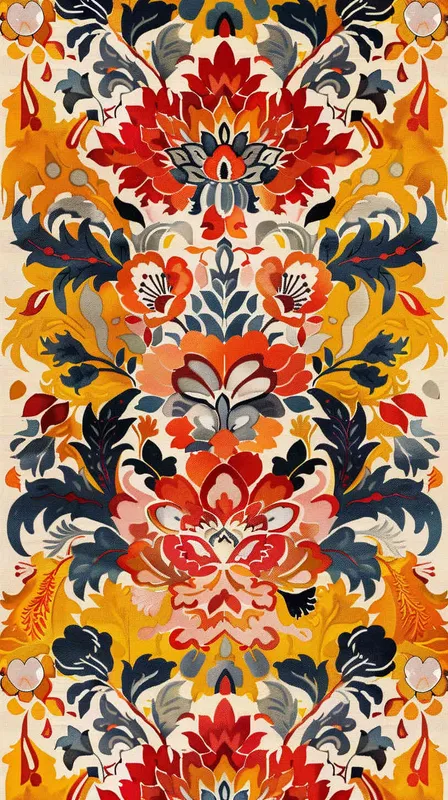 A seamless pattern with colorful ethnic embroidery, their vivid hues creating an exotic visual tapestry on the fabric's surface. The design incorporates bright red and yellow, using a flat illustration technique in the style of Chinese folk art.  - style1部分