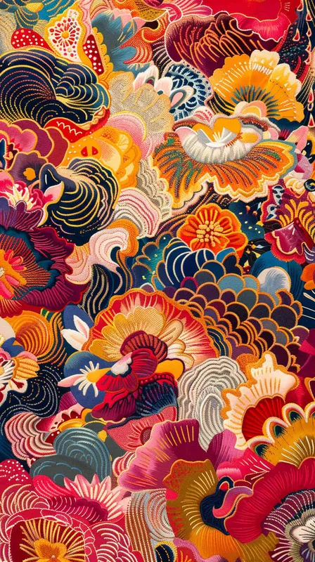 A seamless pattern with colorful ethnic embroidery, their vivid hues creating an exotic visual tapestry on the fabric's surface. The design incorporates bright red and yellow, using a flat illustration technique in the style of Chinese folk art.  - style2部分