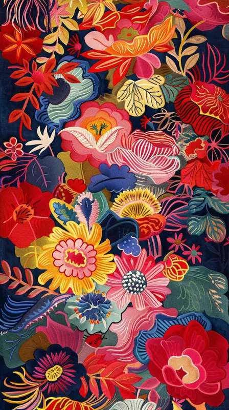 A seamless pattern with colorful ethnic embroidery, their vivid hues creating an exotic visual tapestry on the fabric's surface. The design incorporates bright red and yellow, using a flat illustration technique in the style of Chinese folk art.  - style3部分