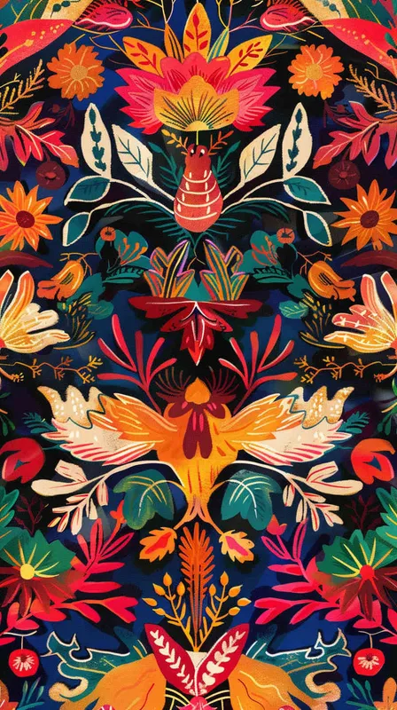 A seamless pattern with colorful ethnic embroidery, their vivid hues creating an exotic visual tapestry on the fabric's surface. The design incorporates bright red and yellow, using a flat illustration technique in the style of Chinese folk art.  - style4部分