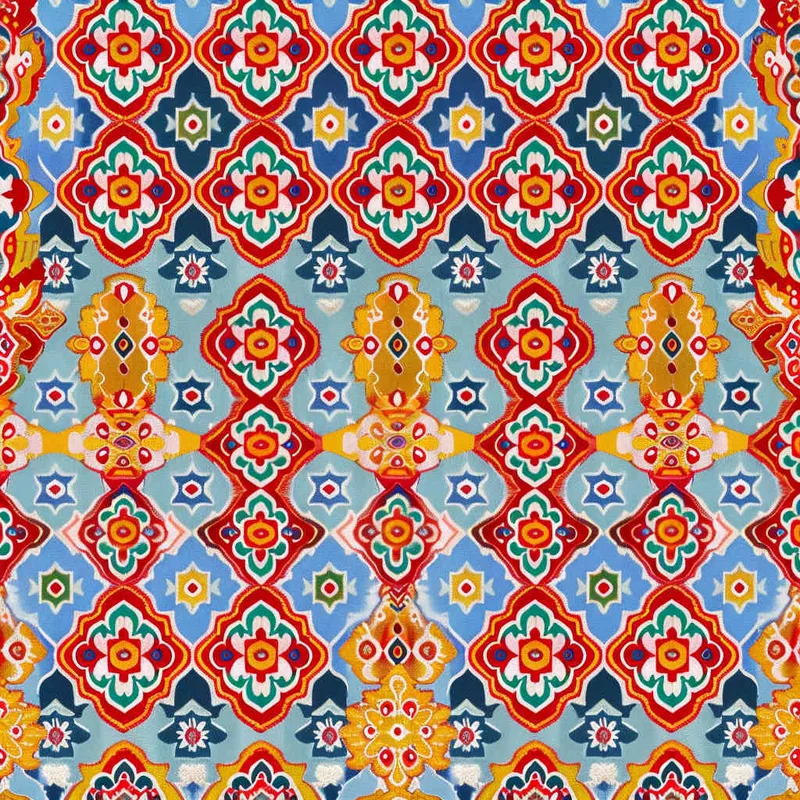 A seamless pattern and rich and colorful ethnic embroidery, it is an extension of the Tujia Yangque pattern, and their vivid color tones create an exotic visual tapestry fabric surface. This design combines bright red and yellow, and adopts Chinese folk art style graphic illustration techniques. Tiled infinite loop, master colors, and a plethora of details - style1部分