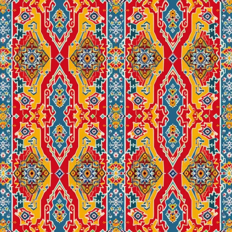 A seamless pattern and rich and colorful ethnic embroidery, it is an extension of the Tujia Yangque pattern, and their vivid color tones create an exotic visual tapestry fabric surface. This design combines bright red and yellow, and adopts Chinese folk art style graphic illustration techniques. Tiled infinite loop, master colors, and a plethora of details - style3部分