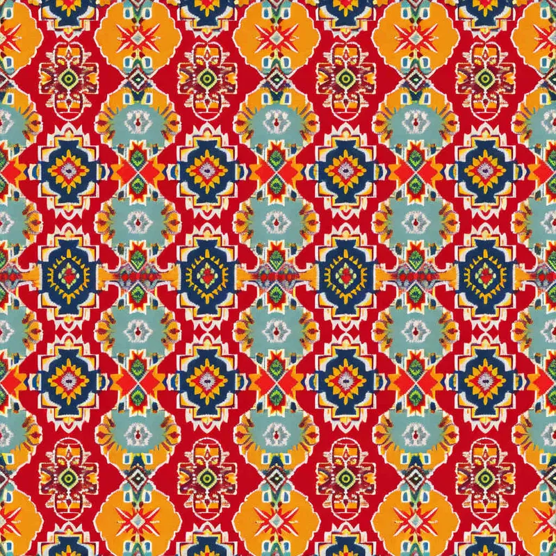 A seamless pattern and rich and colorful ethnic embroidery, it is an extension of the Tujia Yangque pattern, and their vivid color tones create an exotic visual tapestry fabric surface. This design combines bright red and yellow, and adopts Chinese folk art style graphic illustration techniques. Tiled infinite loop, master colors, and a plethora of details - style4部分