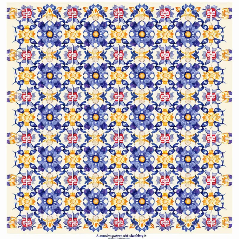 A seamless pattern and rich and colorful ethnic embroidery, it is an extension of the Tujia Yangque pattern, and their vivid color tones create an exotic visual tapestry fabric surface. This design combines bright red and yellow, and adopts Chinese folk art style graphic illustration techniques. Tiled infinite loop, master colors, and a plethora of details  - style1部分
