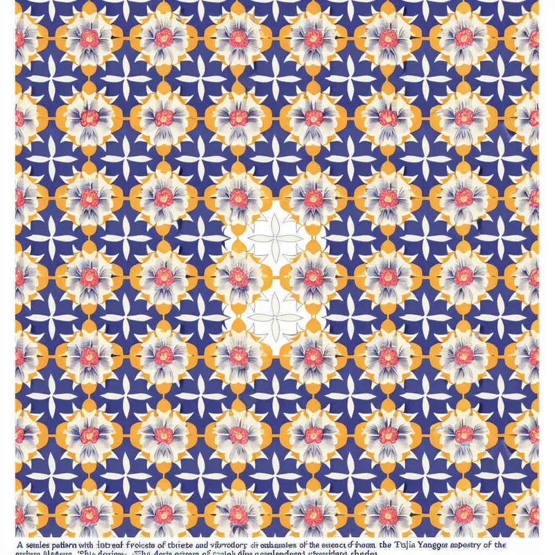 A seamless pattern and rich and colorful ethnic embroidery, it is an extension of the Tujia Yangque pattern, and their vivid color tones create an exotic visual tapestry fabric surface. This design combines bright red and yellow, and adopts Chinese folk art style graphic illustration techniques. Tiled infinite loop, master colors, and a plethora of details  - style4部分