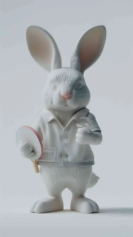 衍生一个简约，3D带柔和灯光的兔子出来，身穿乒乓球服，打乒乓球， 正面，简约白底图 - style3部分