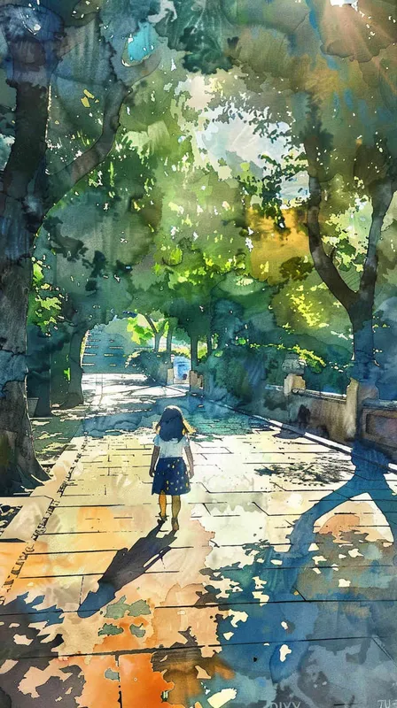 校园里，小女孩在阳光的照耀下茁壮成长，水彩风格 – AI绘画作品展示 | Midjourney中文版生成
