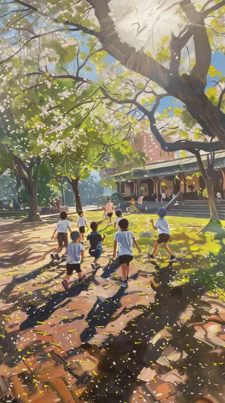 阳光明媚的校园里，一群小学生在嬉戏打闹，校园里春机盎然 - style1部分