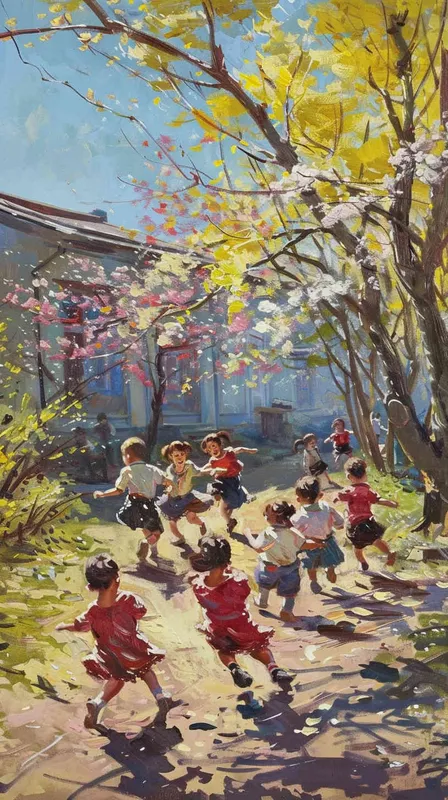 阳光明媚的校园里，一群小学生在嬉戏打闹，校园里春机盎然 - style2部分