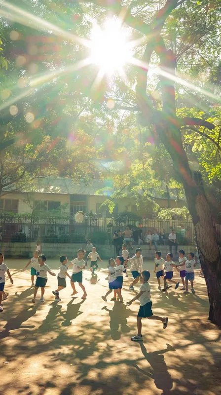 阳光明媚的校园里，一群小学生在嬉戏打闹，校园里春机盎然 - style4部分