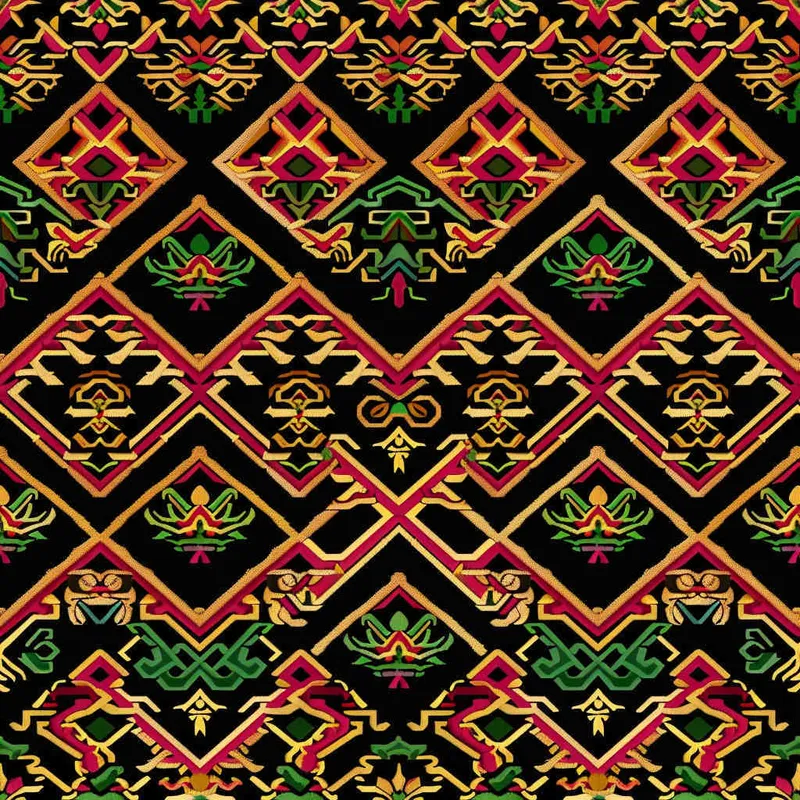 A seamless pattern with rich and colorful ethnic embroidery is an extension of the 48 hook pattern, and their vivid color tones create an exotic visual tapestry fabric surface. This design combines bright red and yellow, and adopts Chinese folk art style graphic illustration techniques. Tiled infinite loop, master colors, and a plethora of details - style1部分