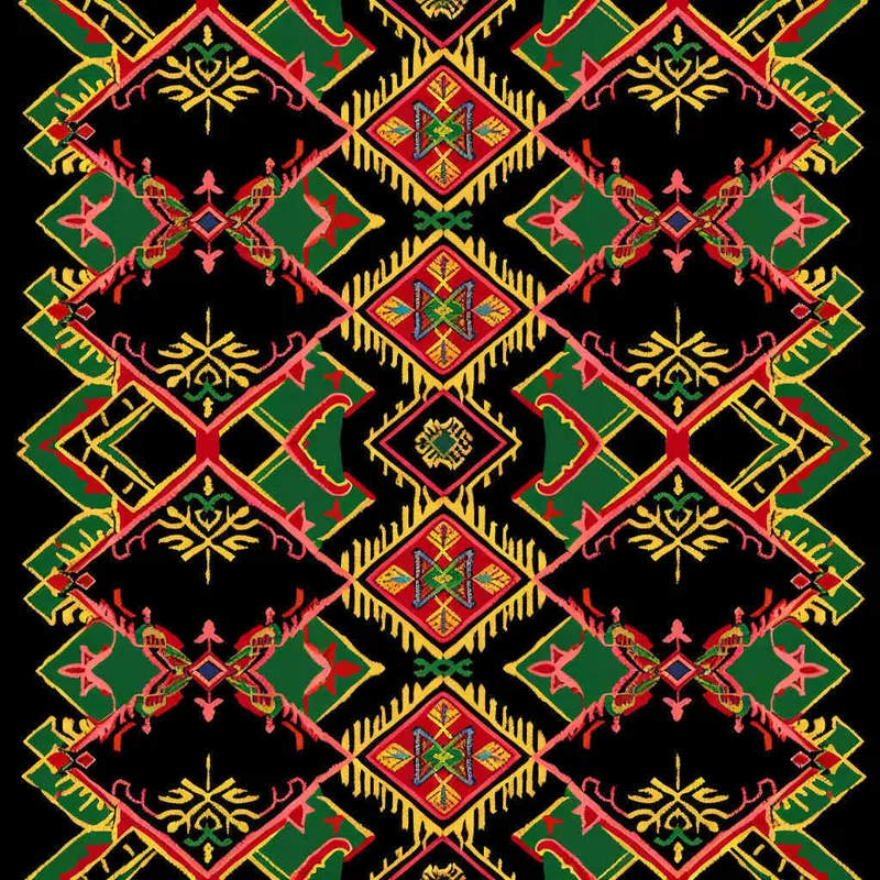 A seamless pattern with rich and colorful ethnic embroidery is an extension of the 48 hook pattern, and their vivid color tones create an exotic visual tapestry fabric surface. This design combines bright red and yellow, and adopts Chinese folk art style graphic illustration techniques. Tiled infinite loop, master colors, and a plethora of details - style2部分