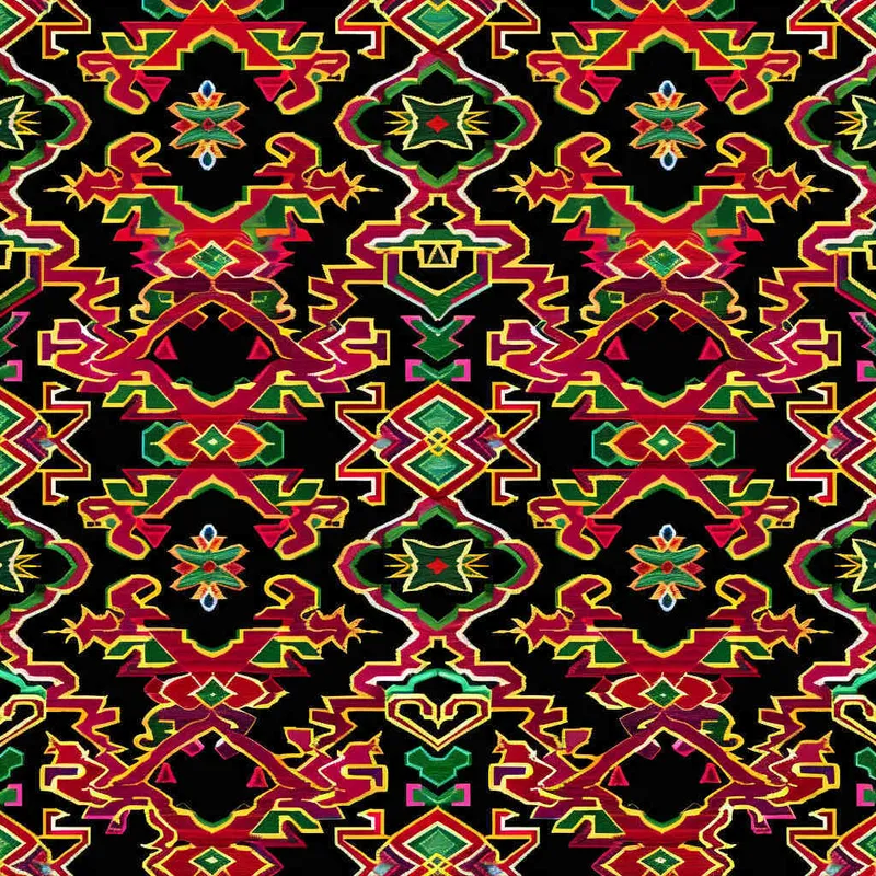 A seamless pattern with rich and colorful ethnic embroidery is an extension of the 48 hook pattern, and their vivid color tones create an exotic visual tapestry fabric surface. This design combines bright red and yellow, and adopts Chinese folk art style graphic illustration techniques. Tiled infinite loop, master colors, and a plethora of details - style4部分