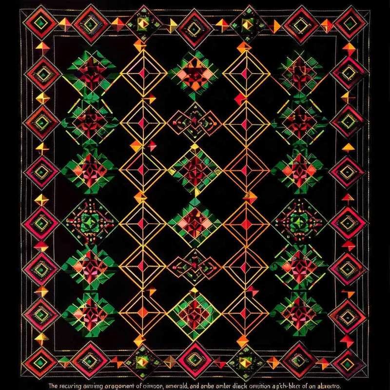 The repeating pattern of red, green and yellow diamonds in an intricate design on a black background in the style of an abstract artist.  – AI绘画作品展示 | Midjourney中文版生成