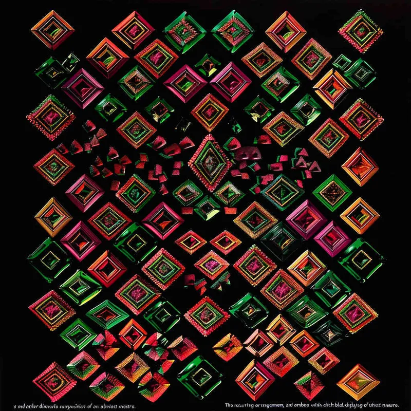 The repeating pattern of red, green and yellow diamonds in an intricate design on a black background in the style of an abstract artist.  - style2部分