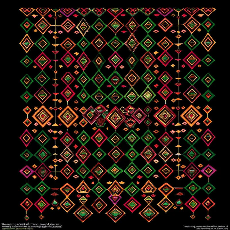 The repeating pattern of red, green and yellow diamonds in an intricate design on a black background in the style of an abstract artist.  - style3部分