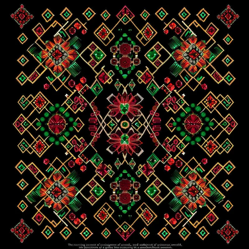 The repeating pattern of red, green and yellow diamonds in an intricate design on a black background in the style of an abstract artist.  - style4部分