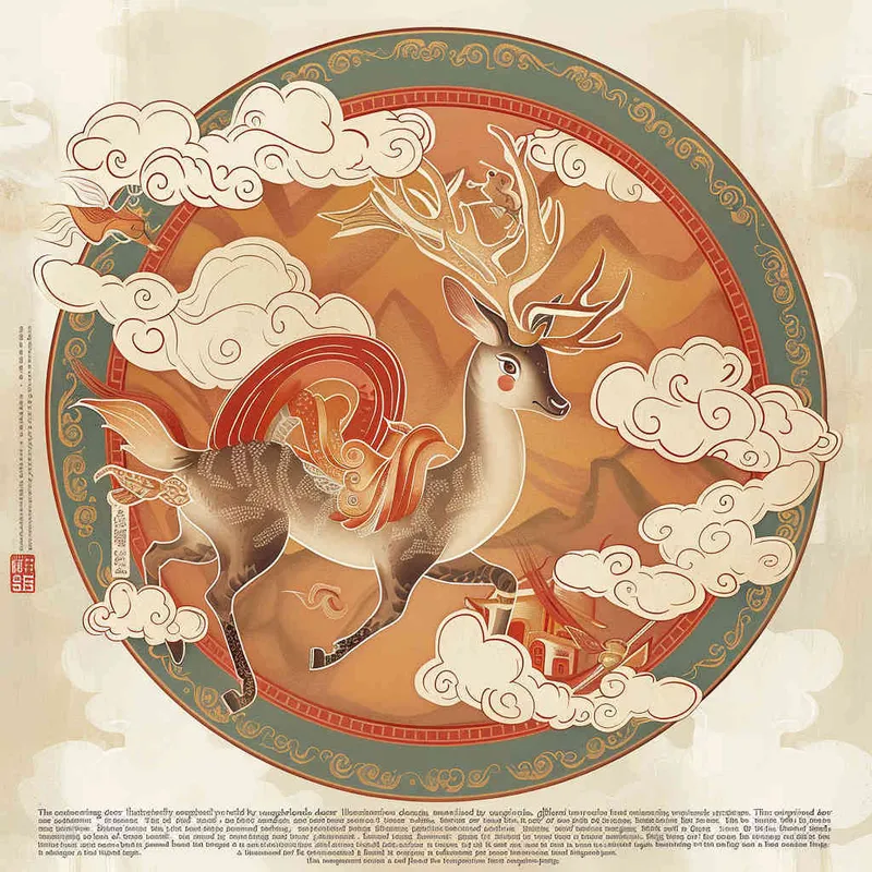 The adorable deer illustration is surrounded by auspicious clouds, flying in the air and stepping on the dragon head shaped mirror of ancient architecture, creating an atmosphere full of fantasy and mystery. The entire scene adopts Dunhuang Murals color palette warm tones to highlight festive vibes. In a circular composition, the background includes Dunhuang cultural theme traditional cloud patterns and colors such as reds or gold to enhance visual impact. This illustration showcases exquisite details with a flat design style in the style of Qversion.
 - style1部分