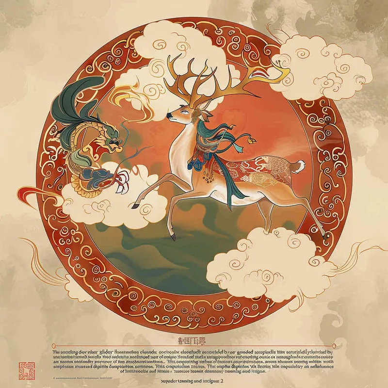 The adorable deer illustration is surrounded by auspicious clouds, flying in the air and stepping on the dragon head shaped mirror of ancient architecture, creating an atmosphere full of fantasy and mystery. The entire scene adopts Dunhuang Murals color palette warm tones to highlight festive vibes. In a circular composition, the background includes Dunhuang cultural theme traditional cloud patterns and colors such as reds or gold to enhance visual impact. This illustration showcases exquisite details with a flat design style in the style of Qversion.
 - style2部分