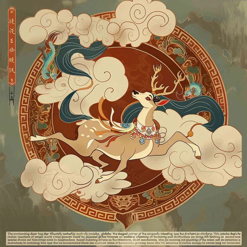 The adorable deer illustration is surrounded by auspicious clouds, flying in the air and stepping on the dragon head shaped mirror of ancient architecture, creating an atmosphere full of fantasy and mystery. The entire scene adopts Dunhuang Murals color palette warm tones to highlight festive vibes. In a circular composition, the background includes Dunhuang cultural theme traditional cloud patterns and colors such as reds or gold to enhance visual impact. This illustration showcases exquisite details with a flat design style in the style of Qversion.
 - style3部分