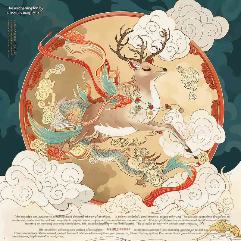 The adorable deer illustration is surrounded by auspicious clouds, flying in the air and stepping on the dragon head shaped mirror of ancient architecture, creating an atmosphere full of fantasy and mystery. The entire scene adopts Dunhuang Murals color palette warm tones to highlight festive vibes. In a circular composition, the background includes Dunhuang cultural theme traditional cloud patterns and colors such as reds or gold to enhance visual impact. This illustration showcases exquisite details with a flat design style in the style of Qversion.
 - style4部分