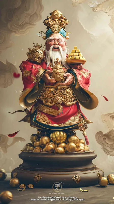 潮流中式财神，帅气，手里抱着元宝 - style1部分