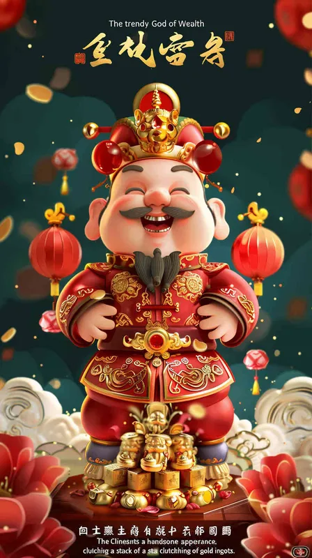 潮流中式财神，帅气，手里抱着元宝 - style2部分