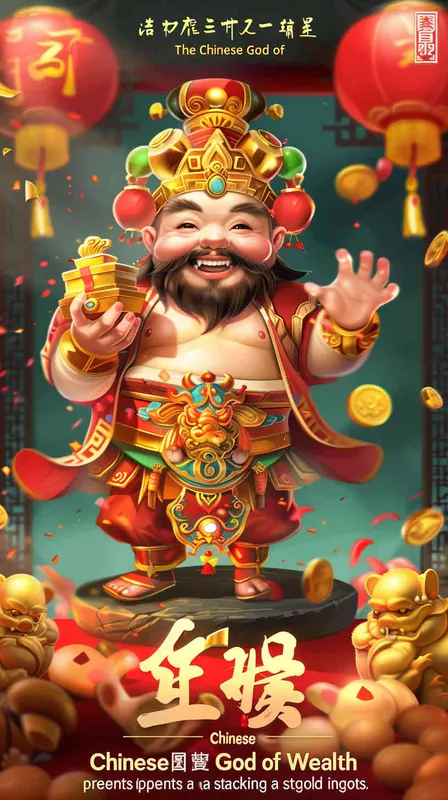 潮流中式财神，帅气，手里抱着元宝 - style4部分