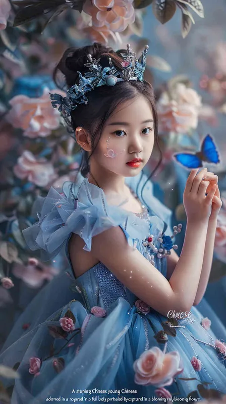A beautiful Chinese little girl wearing blue princess dress and tiara, full body portrait photography, surrounded by flowers, blue butterfly flying around her head, studio lighting, cinematic texture, high details, high quality, photography style, soft light, soft tones, natural skin tone, intricate costumes, pink colors, fantasy, childlike innocence - style1部分