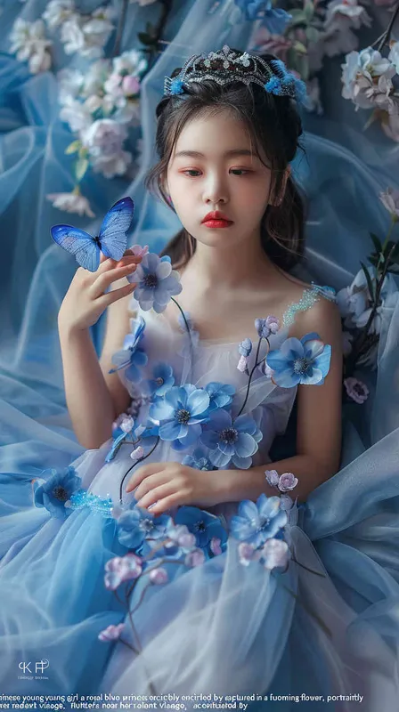 A beautiful Chinese little girl wearing blue princess dress and tiara, full body portrait photography, surrounded by flowers, blue butterfly flying around her head, studio lighting, cinematic texture, high details, high quality, photography style, soft light, soft tones, natural skin tone, intricate costumes, pink colors, fantasy, childlike innocence - style2部分