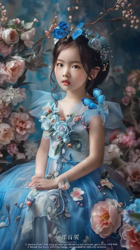 A beautiful Chinese little girl wearing blue princess dress and tiara, full body portrait photography, surrounded by flowers, blue butterfly flying around her head, studio lighting, cinematic texture, high details, high quality, photography style, soft light, soft tones, natural skin tone, intricate costumes, pink colors, fantasy, childlike innocence - style3部分