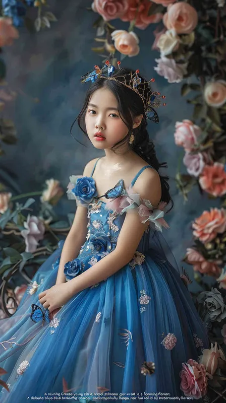 A beautiful Chinese little girl wearing blue princess dress and tiara, full body portrait photography, surrounded by flowers, blue butterfly flying around her head, studio lighting, cinematic texture, high details, high quality, photography style, soft light, soft tones, natural skin tone, intricate costumes, pink colors, fantasy, childlike innocence - style4部分