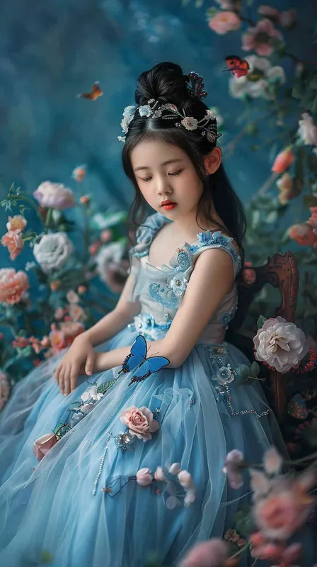 A beautiful Chinese little girl wearing blue princess dress and tiara, full body portrait photography, surrounded by flowers, blue butterfly flying around her head, studio lighting, cinematic texture, high details, high quality, photography style, soft light, soft tones, natural skin tone, intricate costumes, pink colors, fantasy, childlike innocence, no text - style1部分
