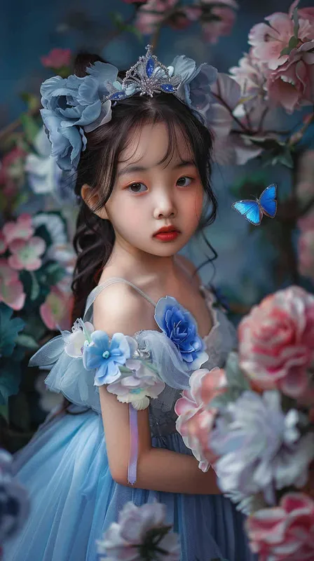 A beautiful Chinese little girl wearing blue princess dress and tiara, full body portrait photography, surrounded by flowers, blue butterfly flying around her head, studio lighting, cinematic texture, high details, high quality, photography style, soft light, soft tones, natural skin tone, intricate costumes, pink colors, fantasy, childlike innocence, no text - style2部分
