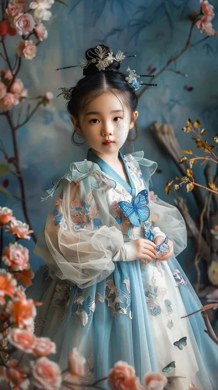 A beautiful Chinese little girl wearing blue princess dress and tiara, full body portrait photography, surrounded by flowers, blue butterfly flying around her head, studio lighting, cinematic texture, high details, high quality, photography style, soft light, soft tones, natural skin tone, intricate costumes, pink colors, fantasy, childlike innocence, no text - style3部分