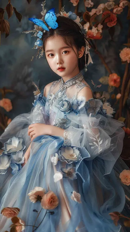 A beautiful Chinese little girl wearing blue princess dress and tiara, full body portrait photography, surrounded by flowers, blue butterfly flying around her head, studio lighting, cinematic texture, high details, high quality, photography style, soft light, soft tones, natural skin tone, intricate costumes, pink colors, fantasy, childlike innocence, no text - style4部分