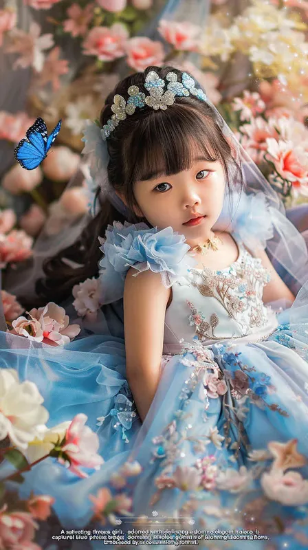 A beautiful Chinese little girl, 3 years old, with bangs, wearing blue princess dress and tiara, full body portrait photography, surrounded by flowers, blue butterfly flying around her head, studio lighting, cinematic texture, high details, high quality, photography style, soft light, soft tones, natural skin tone, intricate costumes, pink colors, fantasy, childlike innocence  - style1部分