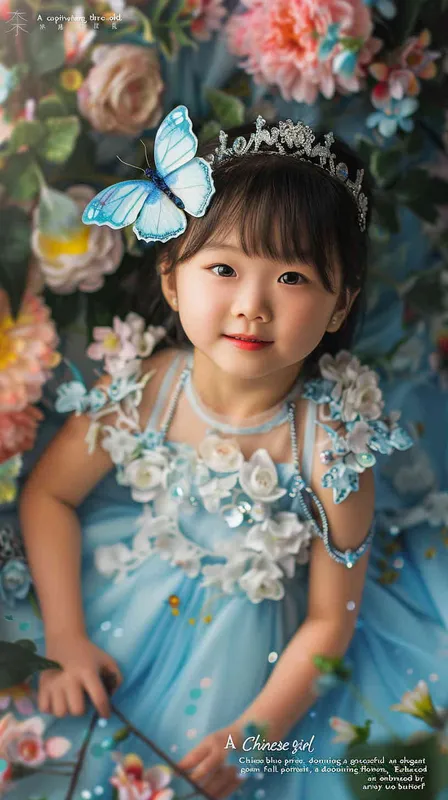 A beautiful Chinese little girl, 3 years old, with bangs, wearing blue princess dress and tiara, full body portrait photography, surrounded by flowers, blue butterfly flying around her head, studio lighting, cinematic texture, high details, high quality, photography style, soft light, soft tones, natural skin tone, intricate costumes, pink colors, fantasy, childlike innocence  - style3部分