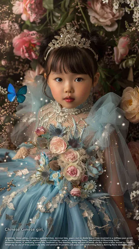 A beautiful Chinese little girl, 3 years old, with bangs, wearing blue princess dress and tiara, full body portrait photography, surrounded by flowers, blue butterfly flying around her head, studio lighting, cinematic texture, high details, high quality, photography style, soft light, soft tones, natural skin tone, intricate costumes, pink colors, fantasy, childlike innocence  - style4部分