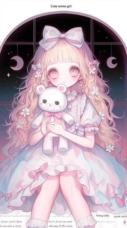 Cute anime girl with long hair and pink bow headband holding teddy bear, pastel colors. here's also some decorative elements like flowers or wine glasses,add some pink fluffy clouds.  - style1部分