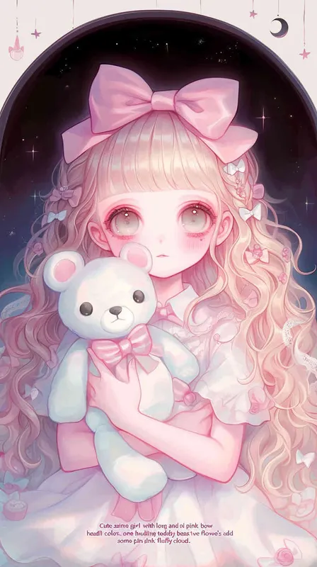 Cute anime girl with long hair and pink bow headband holding teddy bear, pastel colors. here's also some decorative elements like flowers or wine glasses,add some pink fluffy clouds.  - style2部分