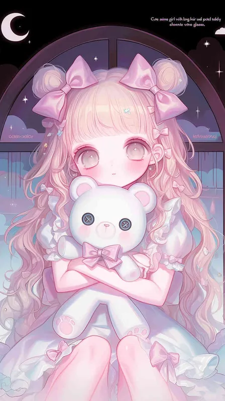 Cute anime girl with long hair and pink bow headband holding teddy bear, pastel colors. here's also some decorative elements like flowers or wine glasses,add some pink fluffy clouds.  - style3部分