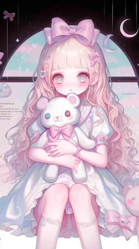 Cute anime girl with long hair and pink bow headband holding teddy bear, pastel colors. here's also some decorative elements like flowers or wine glasses,add some pink fluffy clouds.  - style4部分