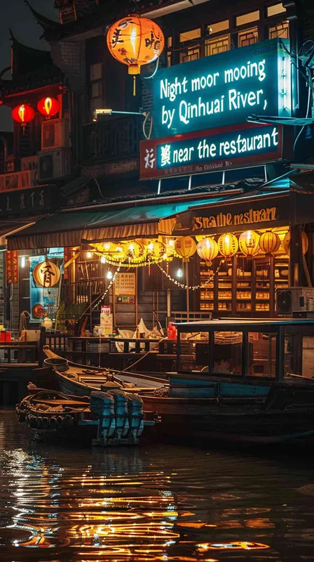 泊船近酒家的生活氛围
第二句“夜泊秦淮近酒家”转换到了作者的所在，夜舟靠近酒家，那里灯火通明，人声鼎沸，与第一句的静谧形成对比，体现出秦淮河的繁华和生活的热闹。 - style2部分